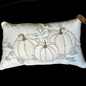 Beaded Cream Pumpkin Lumbar Pillow Sage Green Feather Fill Fall Decor 16x30" NEW